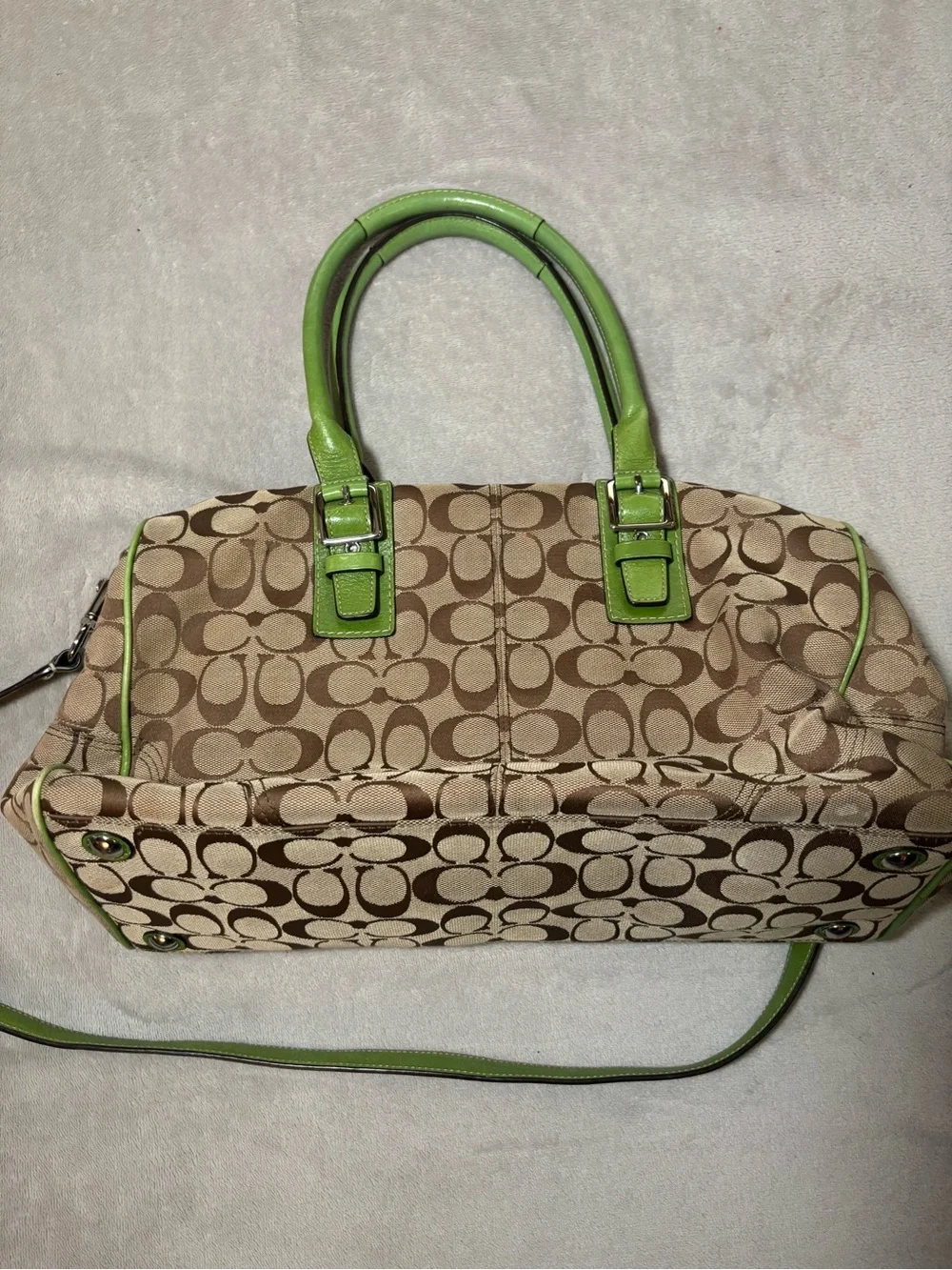 Rare Vintage Coach Hampton Nancy Signature Zebra Stripe Satchel Green Handbag